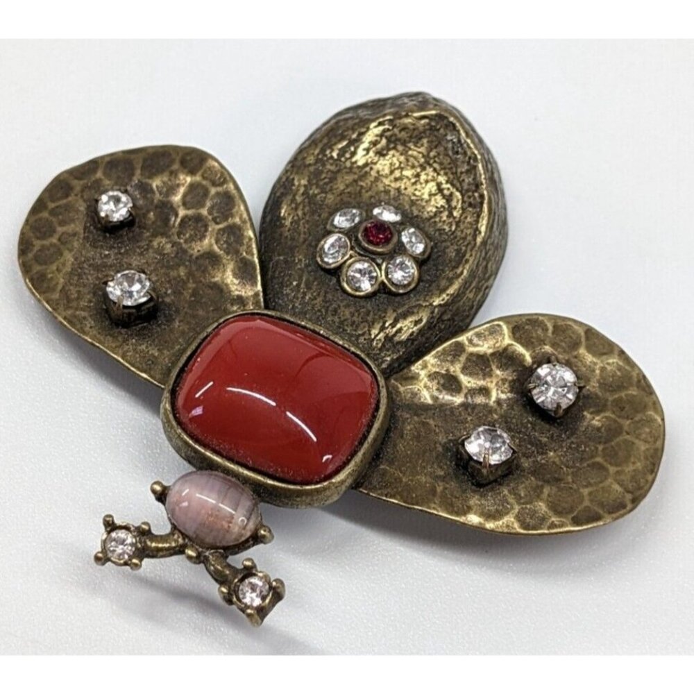 Vintage YOSCA Red Glass Cabochon Rhinestones Bee Bug Hammered Bronze Brooch Pin
